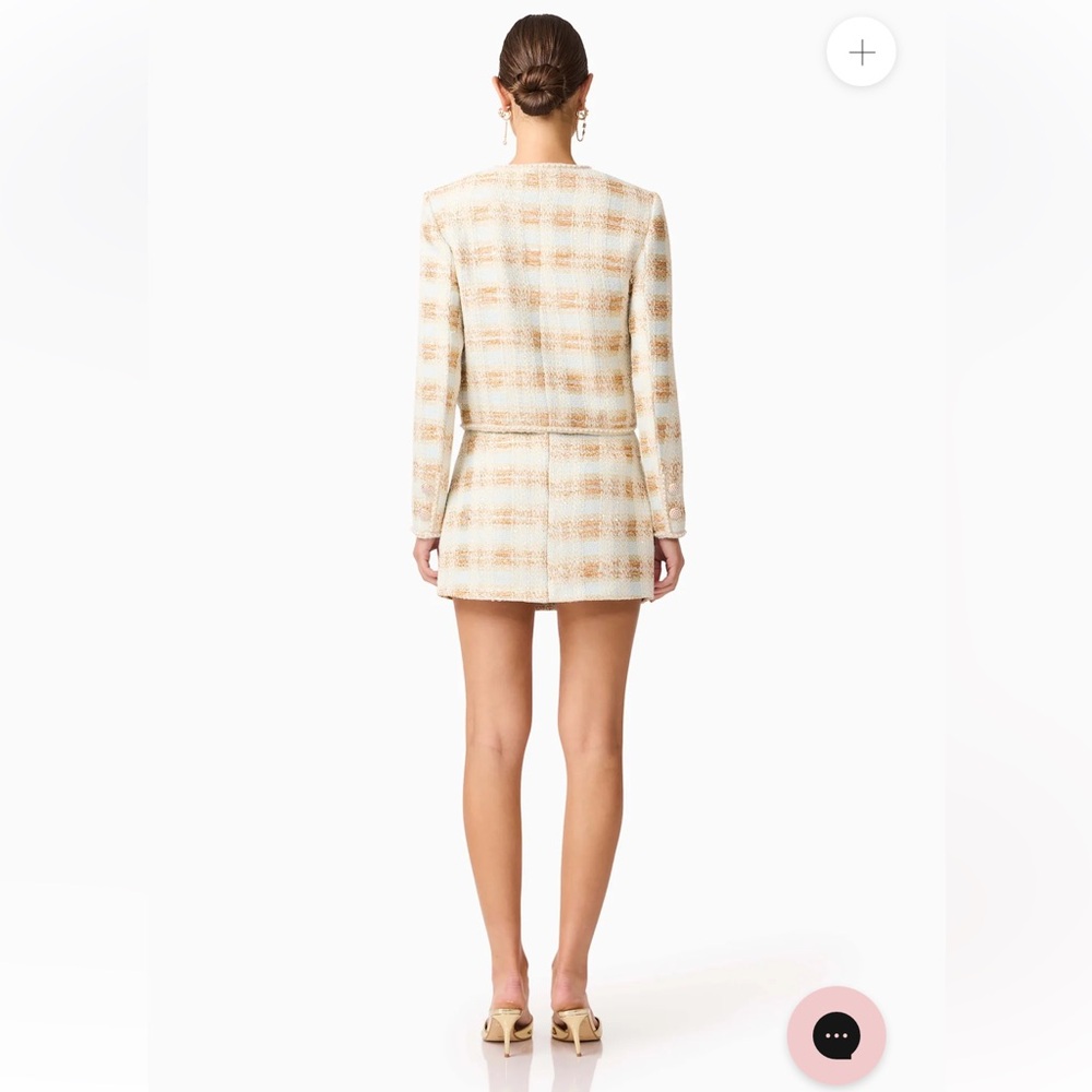 elliatt ashlyn white blue & gold long sleeve metallic tweed mini skirt set small - Picture 5 of 14